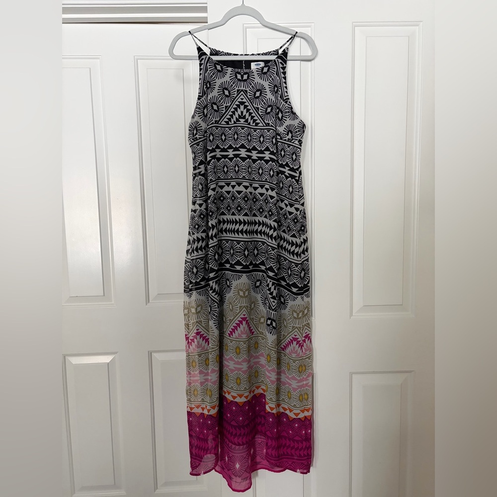 Old Navy Black Geometric Boho Lined Lightweight Maxi Dress Spaghetti Strap